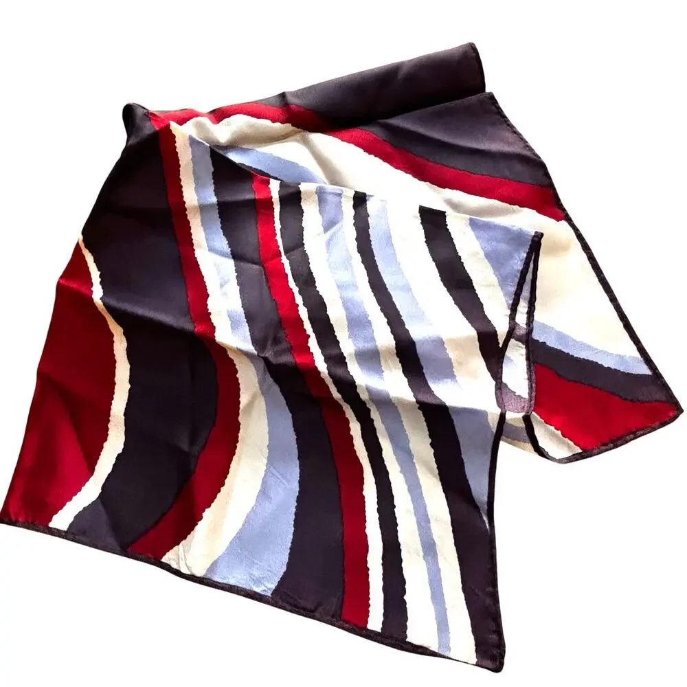 Vintage silk scarf neckerchief burgundy blue white black mod abstract square